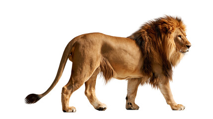 Majestic adult male lion with thick golden mane standing in profile © Elowen