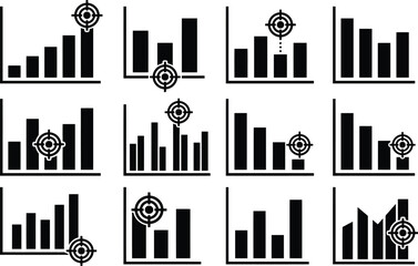 Obraz premium Set of black bar chart featuring target symbols indicating goals and performance metrics on a clean white background, for business