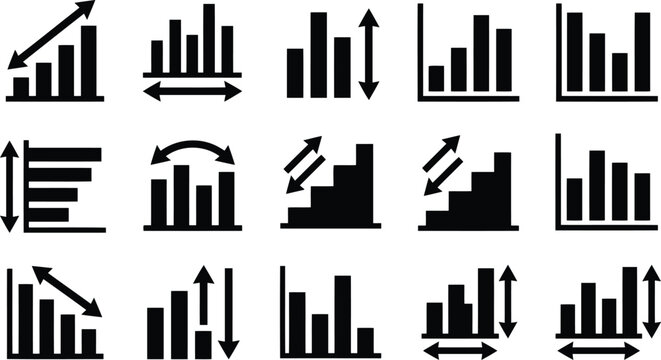 Set of black bar chart with various directional arrows indicating growth, decline, and data trends on a plain white background