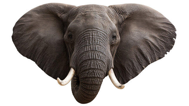 African elephant head with large ears and ivory tusks front view