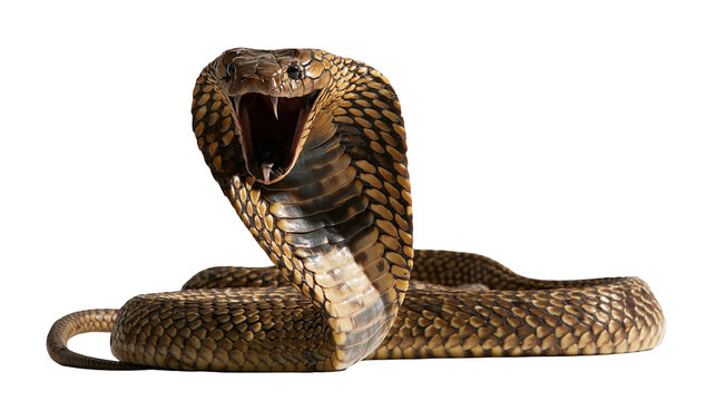 Aggressive king cobra snake with open mouth and flared hood