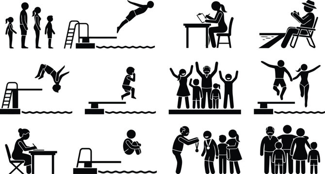 Collection of black silhouette showing people at a swimming pool, diving from boards, and family members receiving medals together