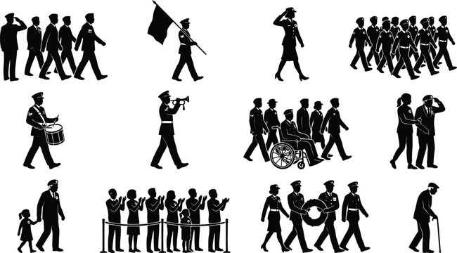 Collection of black silhouettes depicting military personnel in various actions including marching, saluting, and mourning on white background