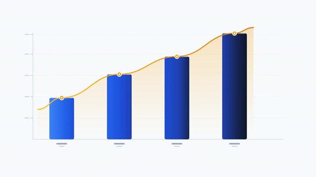 Premium 2D flat design motion graphics of a corporate financial infographic building itself. Features sequentially growing bar charts and an animated organic trend line connecting data nodes. Perfect 