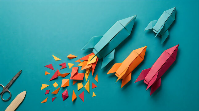 Colorful origami paper rockets launching with confetti on a bright turquoise background
