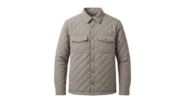 Quilted shirt jacket in light khaki grey, casual men outerwear shacket with pockets, modern winter apparel on white background