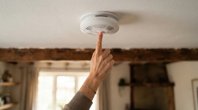 Person pressing the test button on a white smoke detector mounted on a residential ceiling to check home safety and fire alarm system functionality in a modern living room interior setting