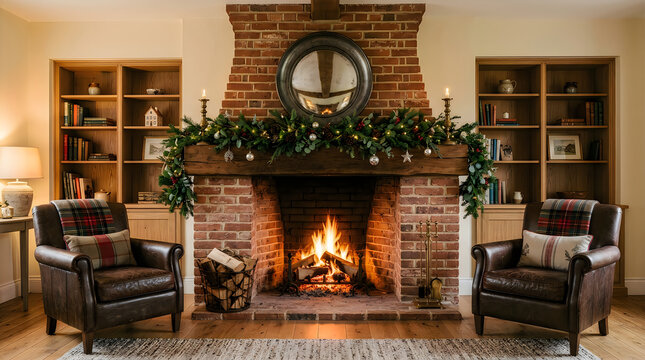 Cozy living room interior featuring a burning fireplace with brick chimney and two leather armchairs