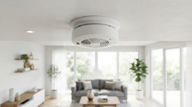 White smoke detector mounted on the ceiling of a modern living room interior for home safety and fire protection