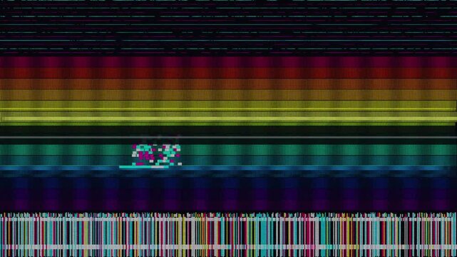 Digital glitch art features a crt scanline texture and rgb noise. Vibrant rainbow stripes create a nostalgic analog monitor signal error distortion.