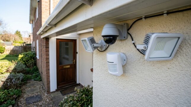 Home Security System CCTV Camera Floodlights and Motion Sensor Mounted on Exterior Wall Near Entrance