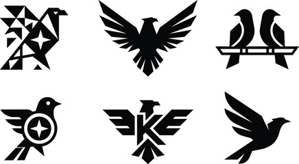 Fototapeta premium Abstract geometric bird logotypes collection with strong stylized black emblems for modern corporate security branding identity