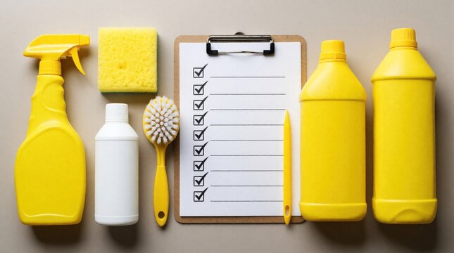 Yellow cleaning supplies lie on grey background near checklist on clipboard. Spray bottle, sponge, brush, soap, chemical bottles sit beside task list for house chores. Organizer uses paper list to