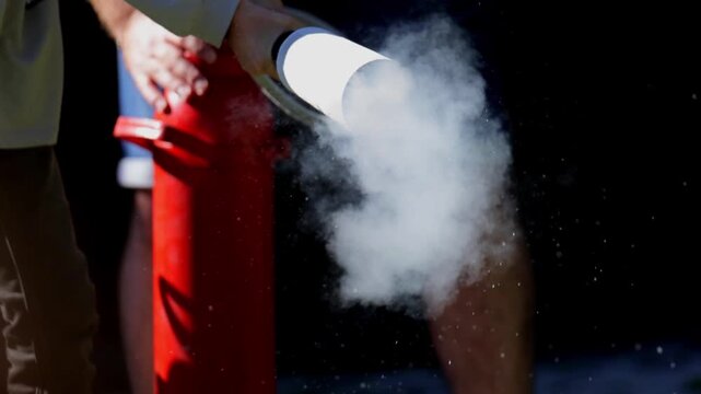 Outdoor Carbon Dioxide Fire Extinguisher Use Close Up Slow Motion