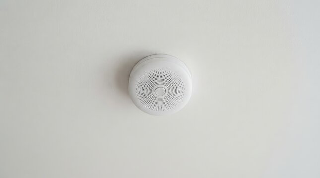 Modern white smoke detector or fire alarm mounted on a ceiling in a house to provide safety and home security for a family living in a residential building with protection against house fire