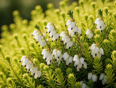 White Erica carnea Golden Starlet flowers bloom on lime green foliage. Close up macro shot of spring heather plant with small bell shaped blossoms. Beautiful garden shrub grows in sunlight in