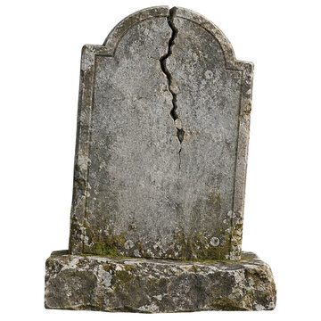 Weathered blank tombstone with crack, moss and lichen isolated