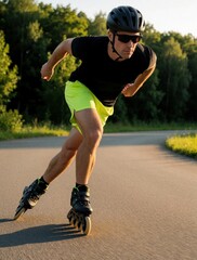 Obraz premium Adult male athlete inline skating on asphalt road for speed training. Man wears helmet, sunglasses, sporty outfit during summer workout. Energetic person performs fitness exercise in park, practicing
