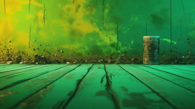 Mysterious Green Wooden Floor with Foggy Background.