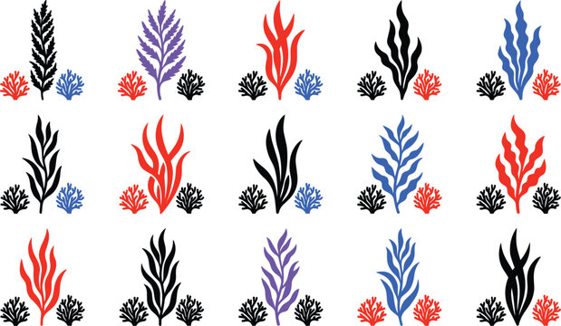 Subaquatic marine plant arrangements showcasing central sea weed fronds paired with side coral shrub growths
