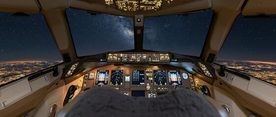 Fototapeta premium Cockpit interior view at night showing illuminated controls and starry sky over city lights