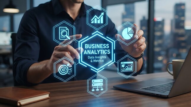 Business analytics concept with a man interacting with digital data visualization