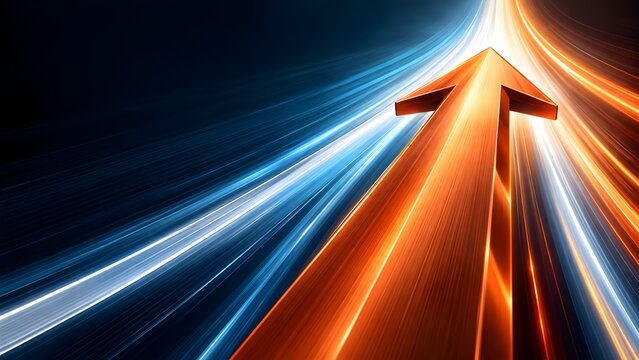Dynamic golden metallic arrow surging upward through glowing blue and orange light trails representing rapid business growth, high speed acceleration, and future innovation