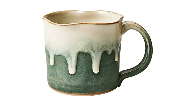 Handmade ceramic mug with green and cream reactive glaze drip pattern