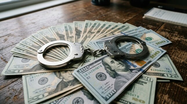 Handcuffs on Stack of US Dollar Bills Symbolizing Crime Financial Crime Arrest and Wealth