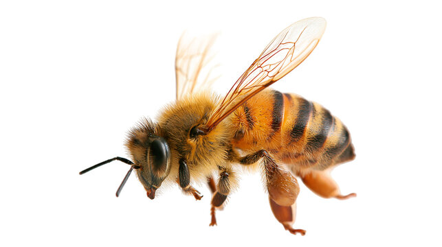 Detailed honey bee with fuzzy thorax and translucent wings
