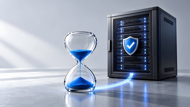 Hourglass Connected to Secure Server Rack Symbolizing Continuous Data Backup Uninterrupted Uptime and Long Term Cloud Storage Reliability