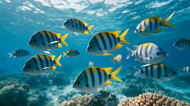 School of Sergeant Major Fish Swimming Together