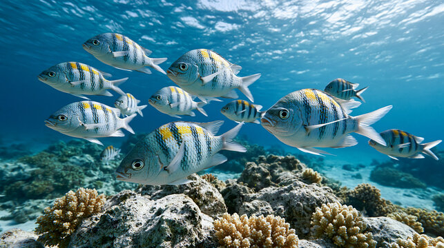 School of Sergeant Major Fish Swimming Near Coral Reefs A vibrant school of Sergeant Major fish, identifiable by their distinctive yellow and black stripes.