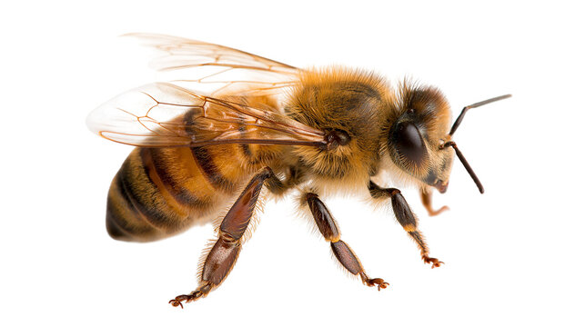 Detailed macro shot of a fuzzy honey bee with translucent wings and striped body