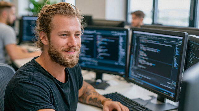 Developer at Work A smiling bearded man with tattoos is focused on his computer screen, surrounded by monitors displaying code in a modern office setting.