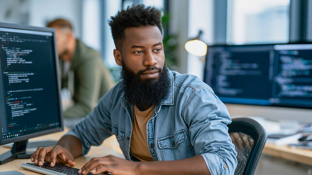 Focused Programmer A concentrated programmer, with a beard, intently works on code displayed on a computer screen, highlighting the dedication required in the tech industry.