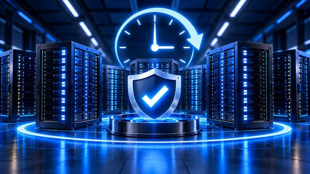 Glowing security shield and clock symbol representing round-the-clock continuous data protection and server uptime guarantee