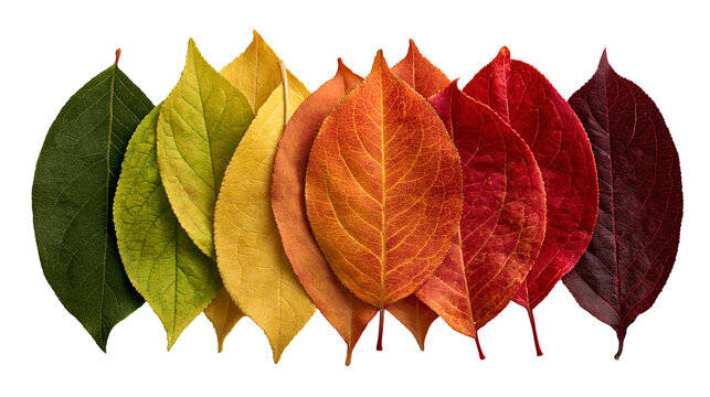 Gradient spectrum of autumn leaves ranging from green to yellow orange and red
