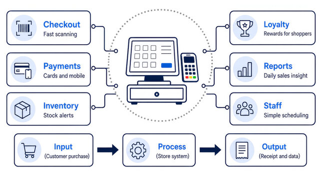 Retail POS ecosystem infographic with register terminal hub