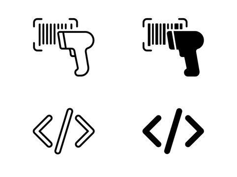 Barcode scanner and computer code tag icons in black and white style