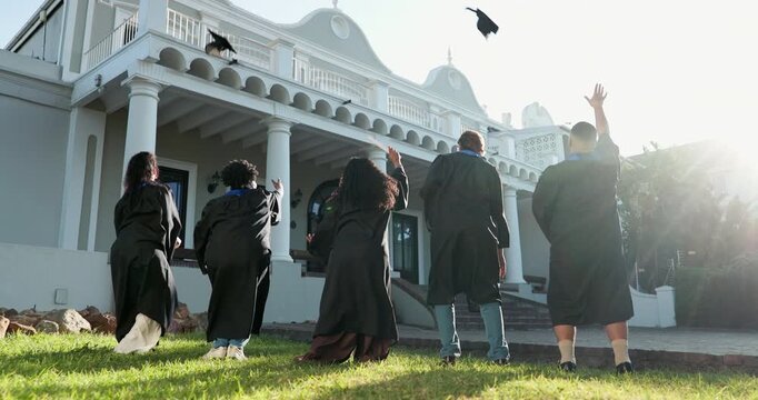 Jump, friends or cap throw for graduation ceremony, degree completion or support for new chapter. Flare, people or hat toss with back for PHD celebration, graduate class or collective success outdoor