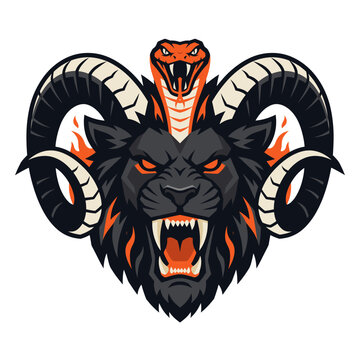 Modern dark fantasy flat vector icon of a ferocious roaring chimera combining lion, ram horns, and serpent for gaming emblems, stickers, and t-shirts.