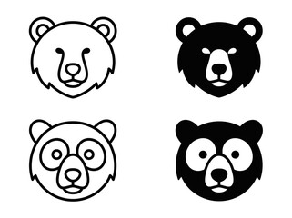Fototapeta premium Set of bear and panda head icons in outline and solid black style