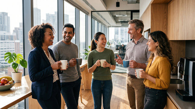Diverse group of smiling office colleagues chatting and laughing during a coffee break in a sleek, sunlit modern office pantry, holding ceramic cups.