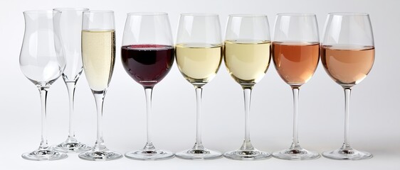 Obraz premium Seven wine and champagne glasses in a row filled with different colored wines against a white background