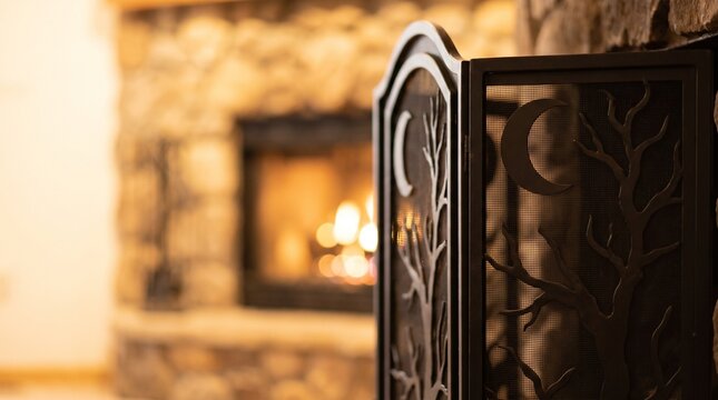 Decorative black metal fireplace screen featuring intricate moon and tree branch silhouette designs placed indoors
