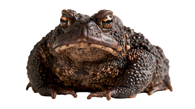 Brown warty American toad with golden eyes sitting in a front facing position