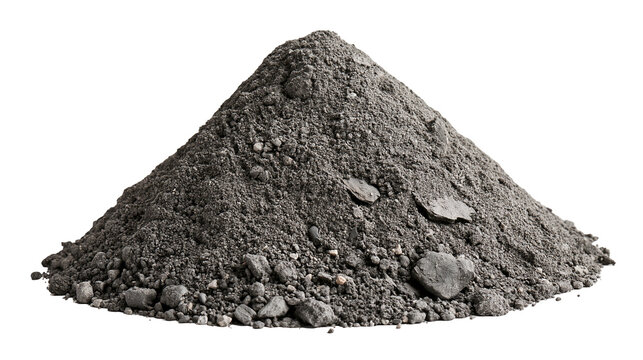 Conical pile of dark grey soil with small rocks and coarse texture