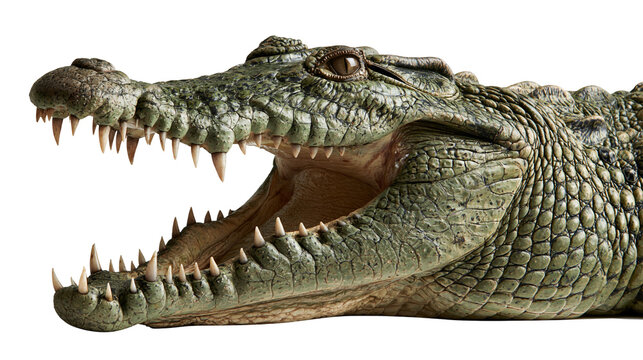 Close up of a green crocodile head with open jaws and sharp teeth
