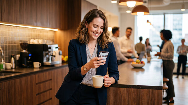 Relaxed female office worker leaning against a sleek kitchen counter, smiling while checking her smartphone during a coffee break with a mug.